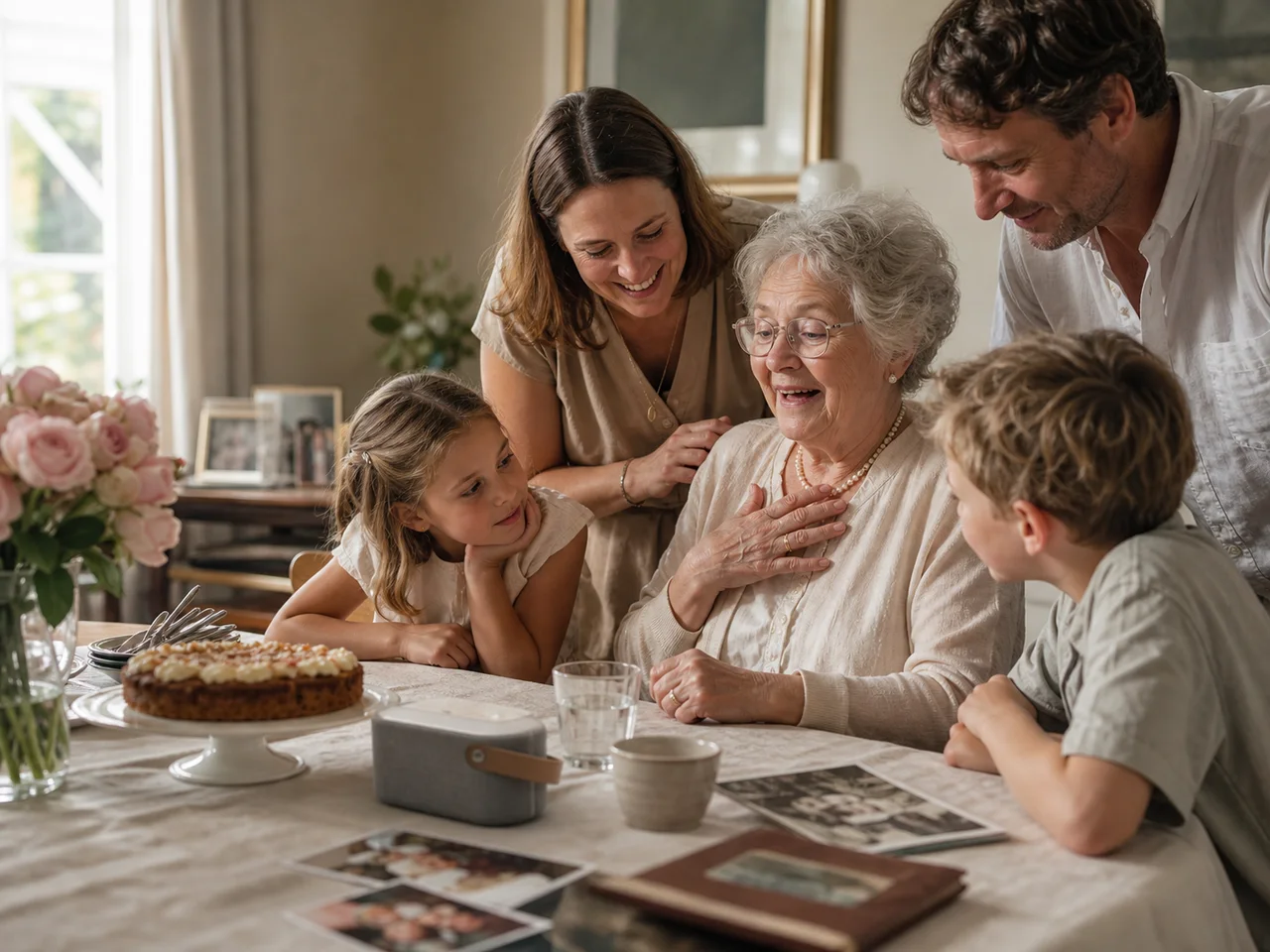 Oma viert haar 80e verjaardag terwijl de familie een persoonlijk lied afspeelt