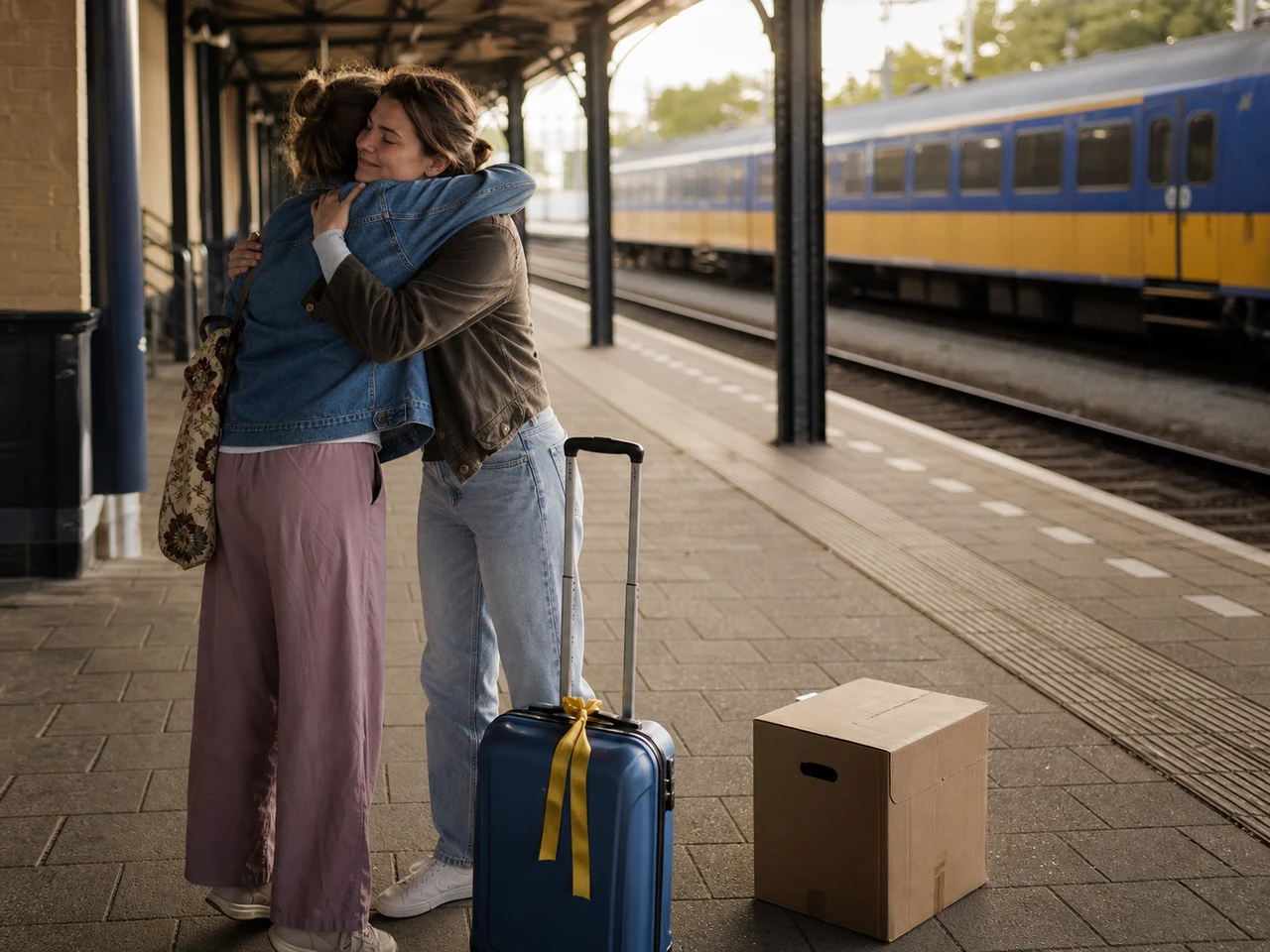 Twee vriendinnen omarmen elkaar op het perron voor een verhuizing naar het buitenland