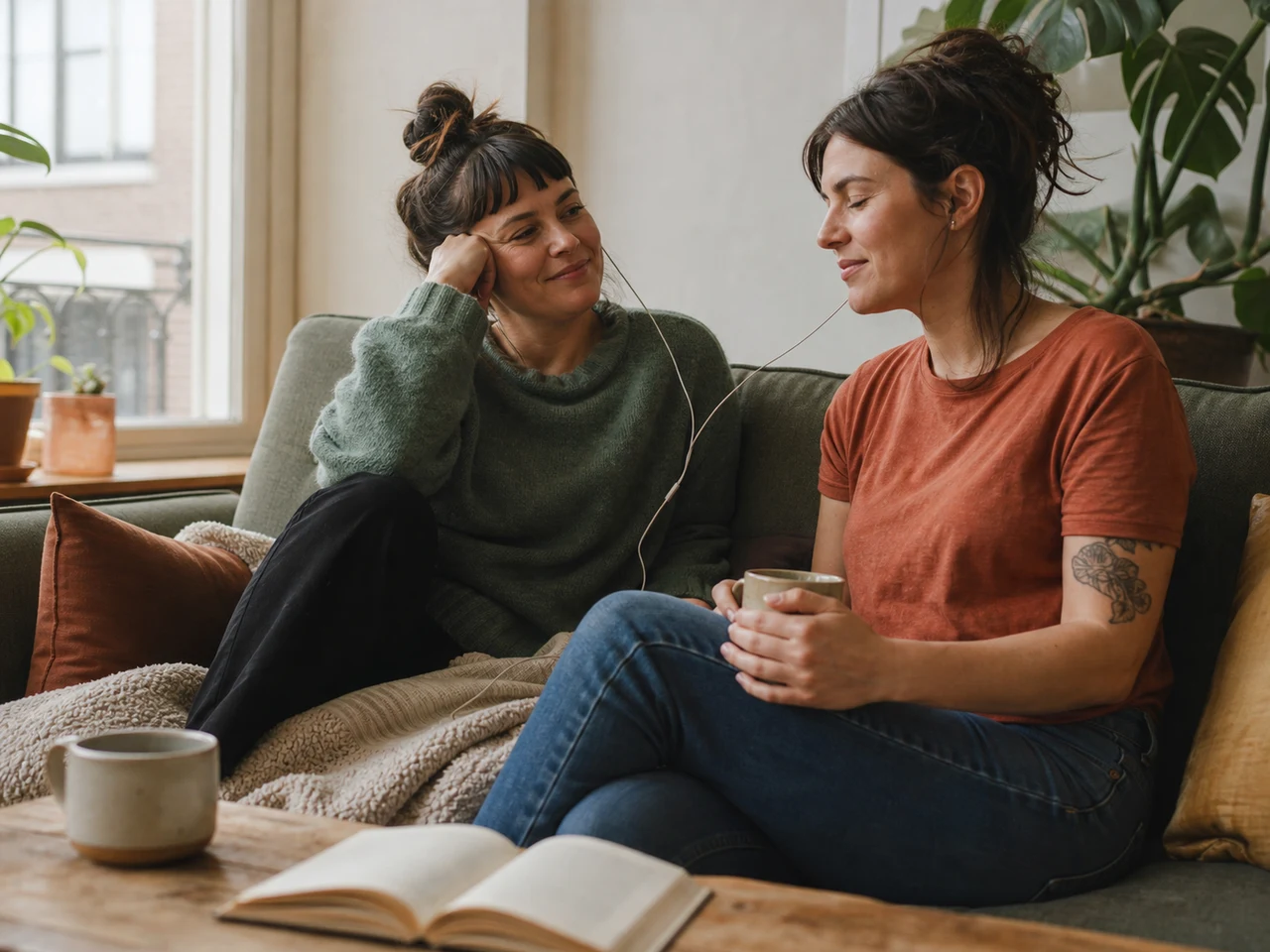 Twee volwassen vriendinnen delen thuis oortjes met thee, een deken en een boek