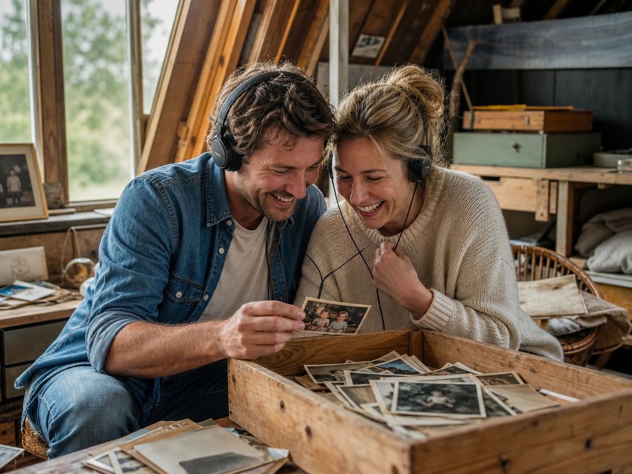 Volwassen broer en zus lachen op een familiezolder om oude foto's terwijl ze naar hun lied luisteren