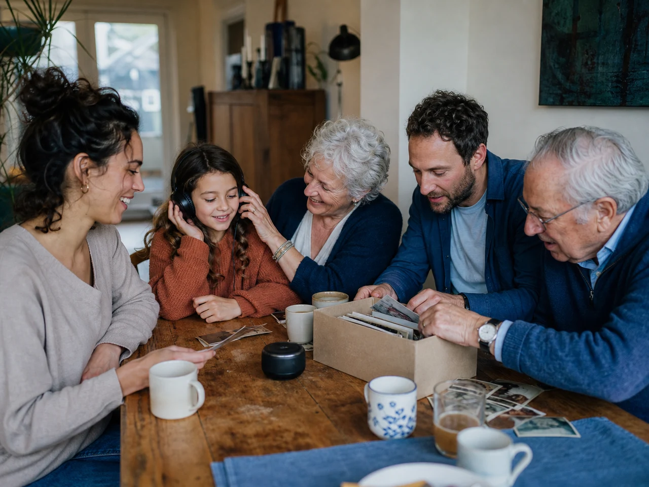 Meerdere generaties bladeren samen door een fotodoos terwijl een kind naar muziek luistert