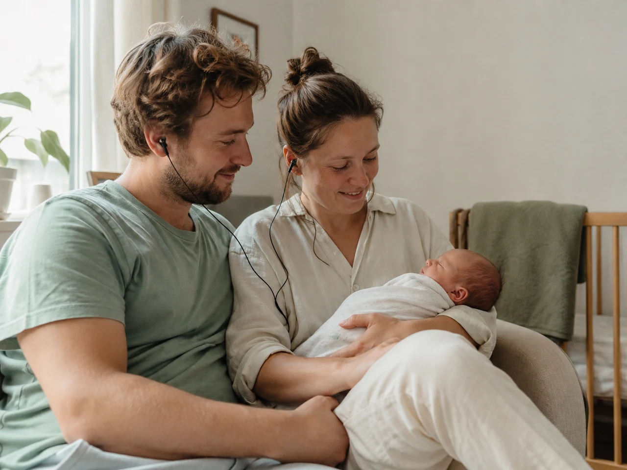 Nieuwe ouders luisteren thuis met hun veilig ingebakerde baby naar een persoonlijk geboortelied