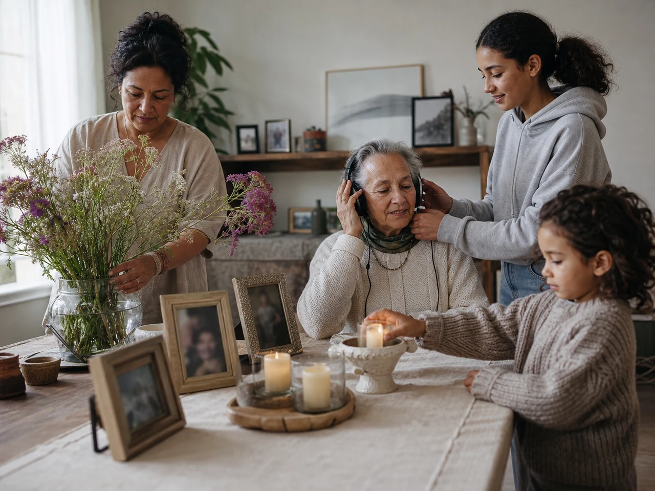 Familie bereidt samen een herdenkingstafel met foto's, bloemen, kaars en hoofdtelefoon