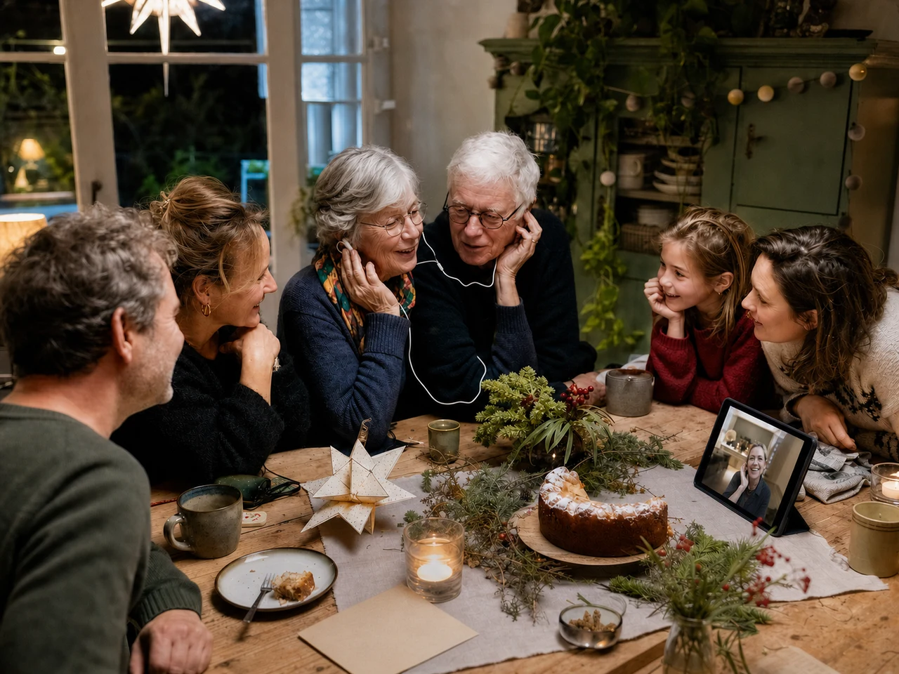 Multigenerationele familie deelt oortjes aan de kersttafel terwijl een familielid via tablet meekijkt