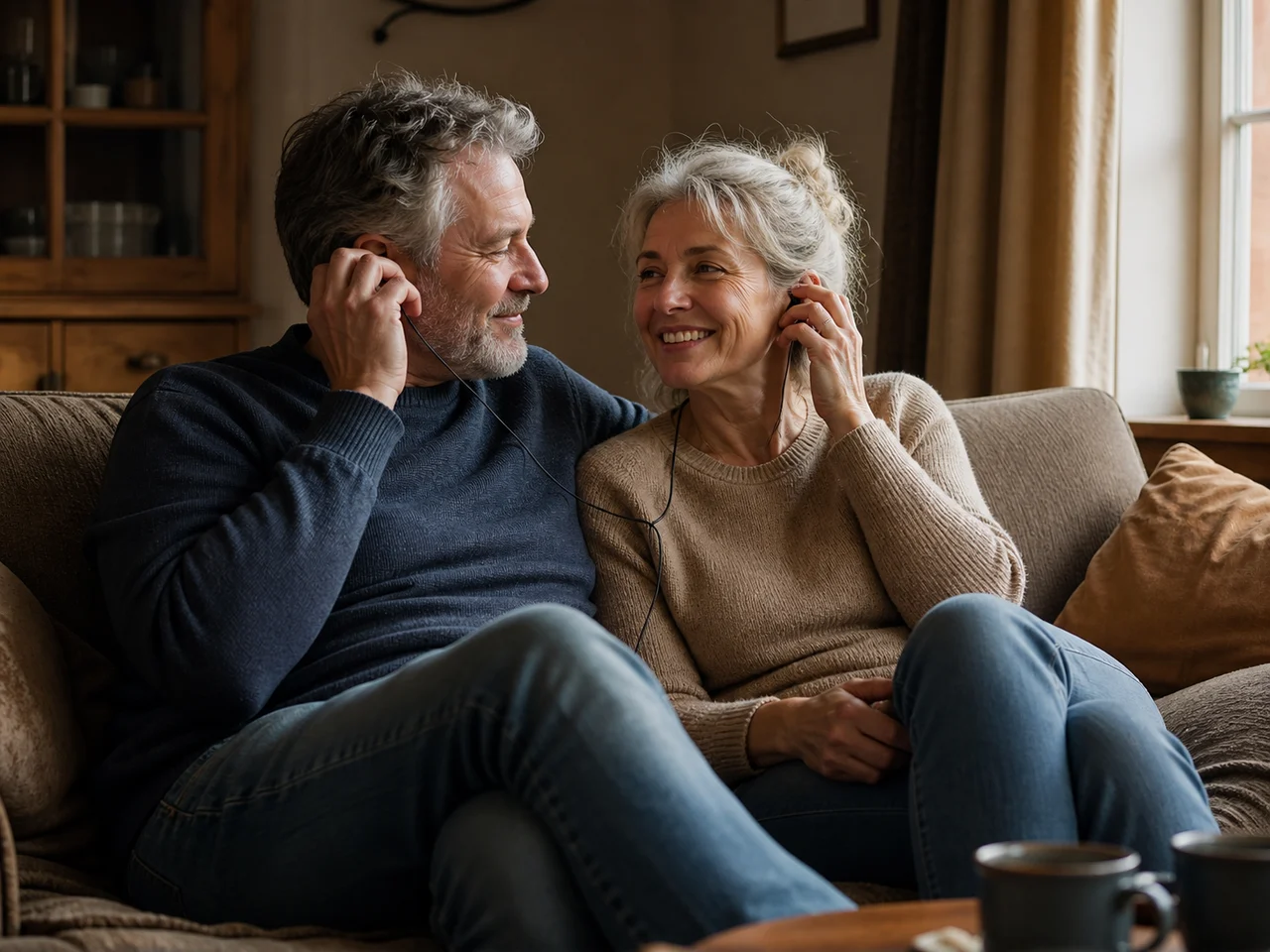 Stel luistert samen thuis naar een persoonlijk liefdeslied