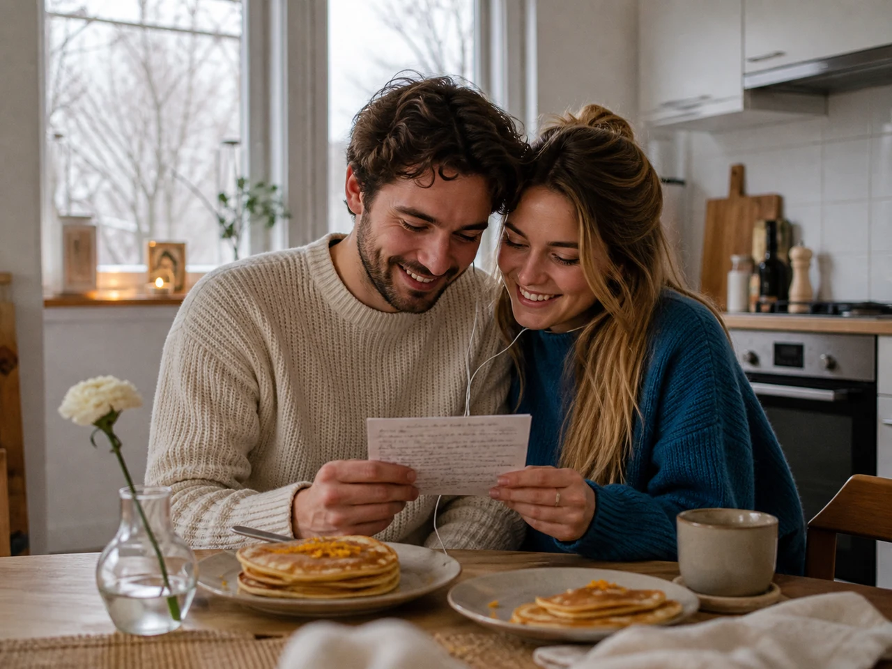 Jong stel deelt een koptelefoon boven een valentijnskaart tijdens een privéontbijt