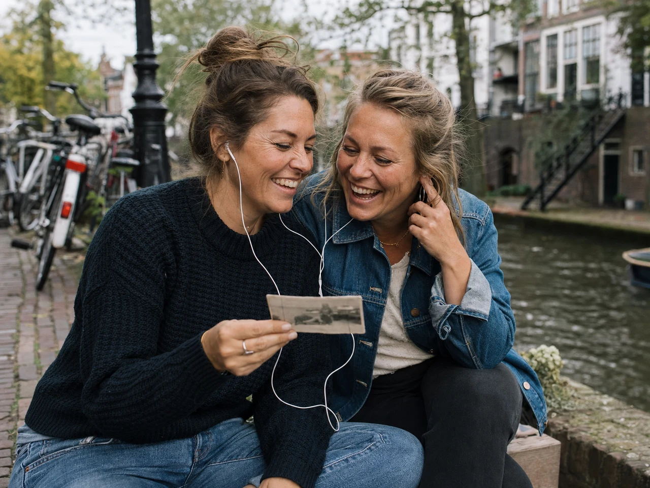 Twee vriendinnen delen een hoofdtelefoon en oude reisfoto aan een Utrechtse gracht