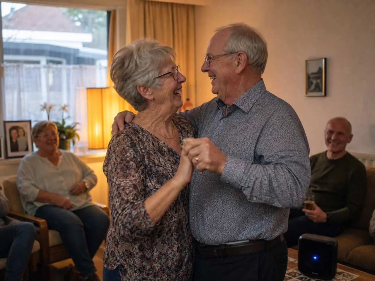 Ouder echtpaar danst lachend op hun persoonlijke jubileumlied