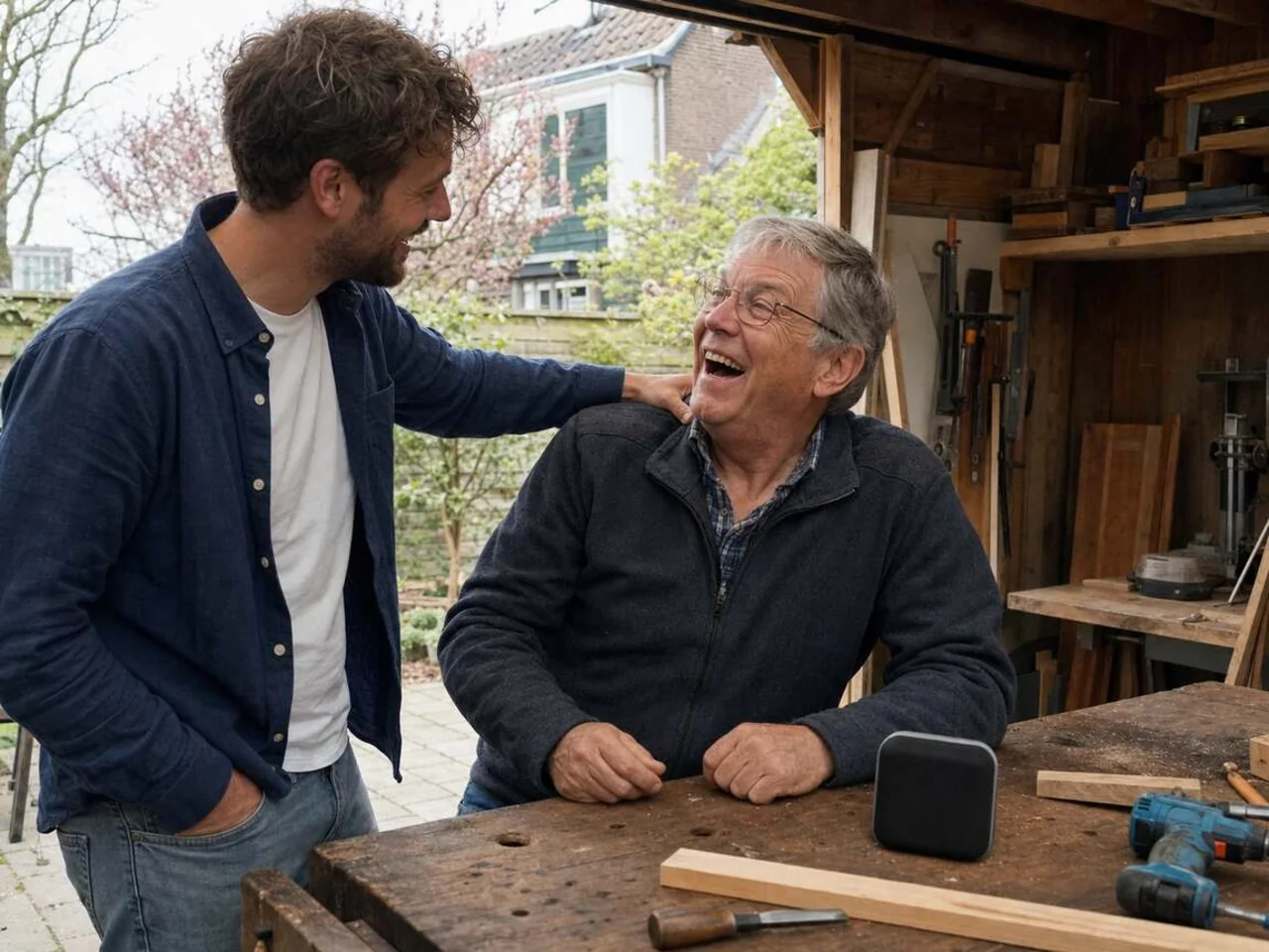 Vader en zoon lachen samen om een persoonlijk Vaderdaglied