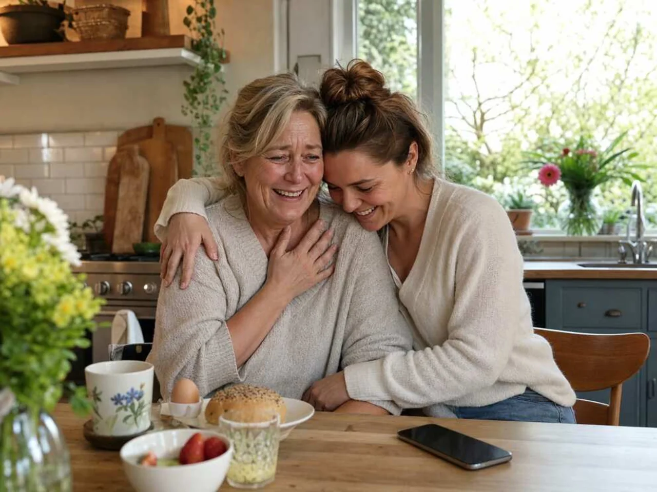 Moeder en dochter luisteren samen naar een persoonlijk Moederdaglied