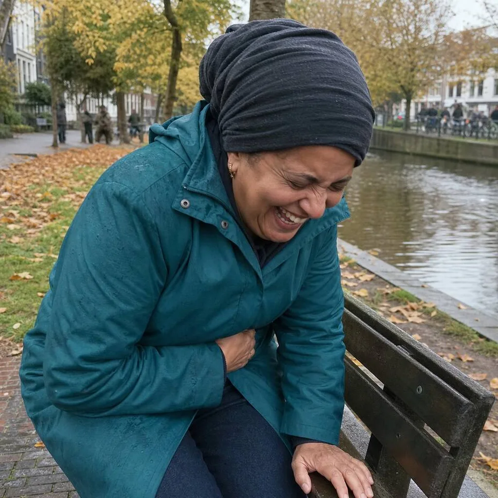 Vrouw lacht op een bankje in het park