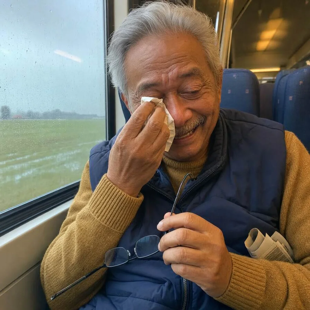 Oudere man glimlacht met een vreugdetraan