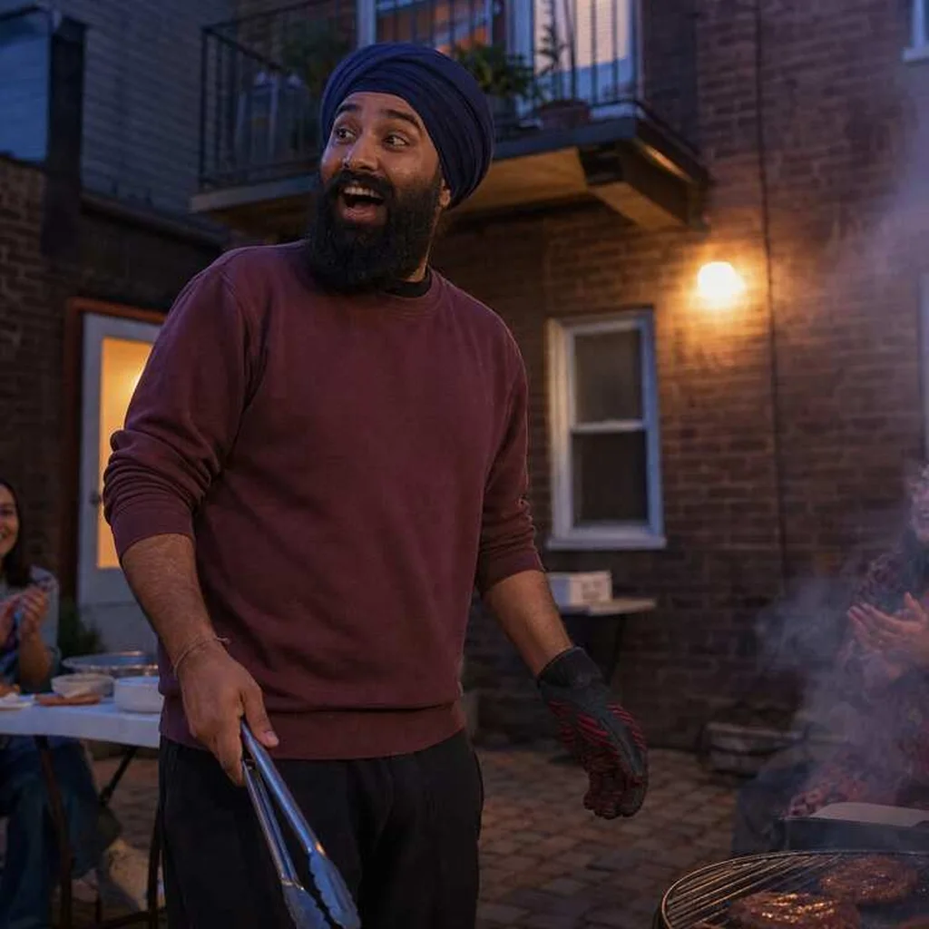 Man reageert verrast tijdens een barbecue