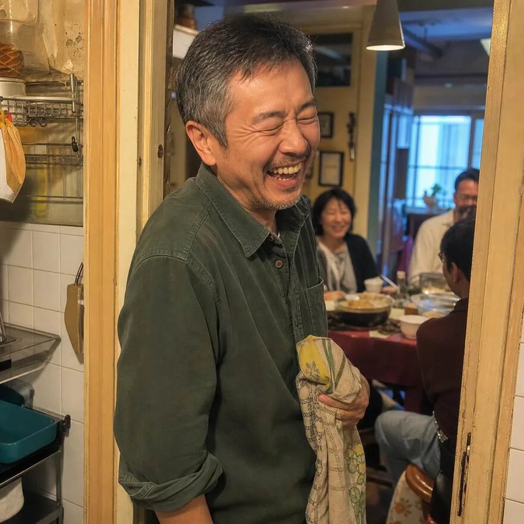 Man lacht in de deuropening van een keuken