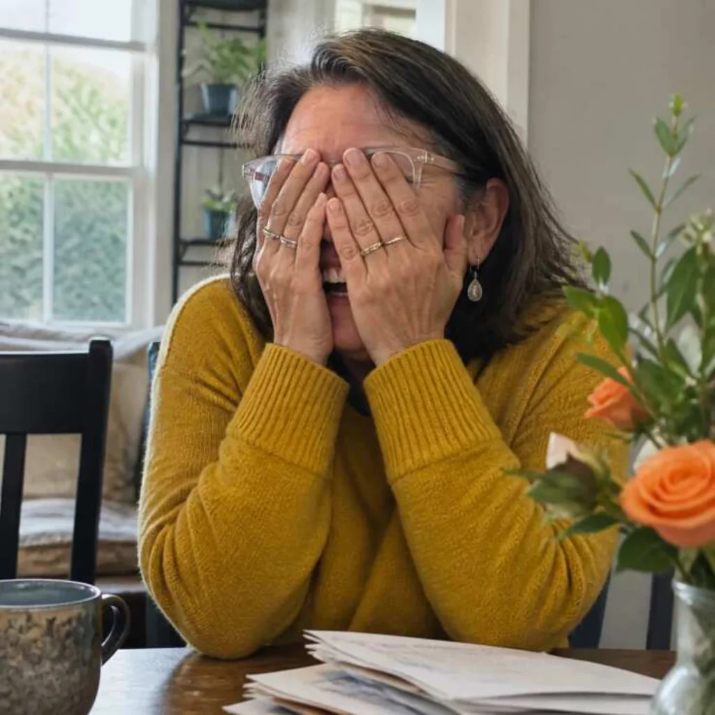 Vrouw bedekt glimlachend haar gezicht na goed nieuws