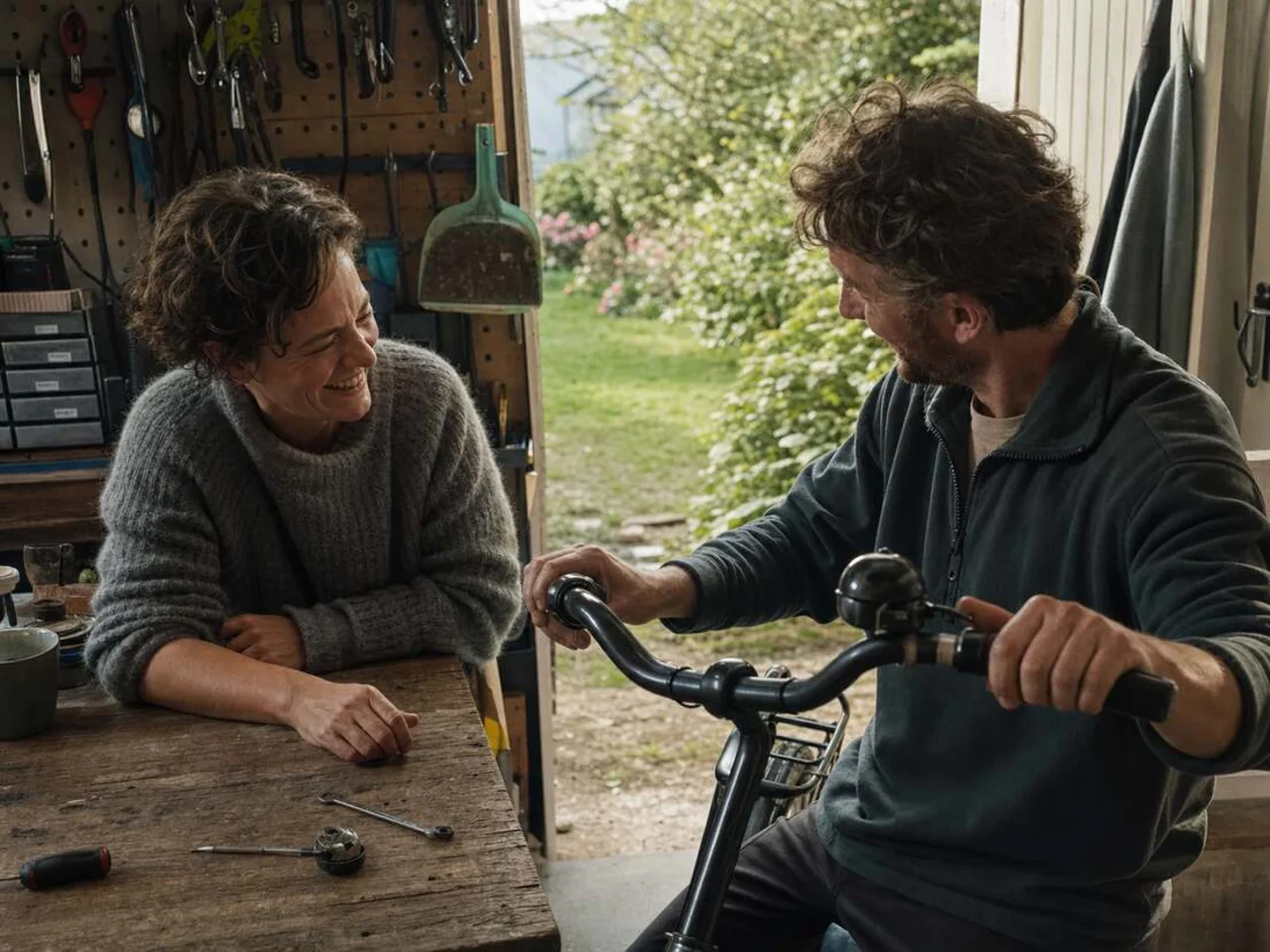 Kinderen delen verhalen over hun vader terwijl ze samen een fiets repareren